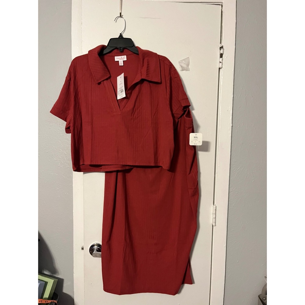 Isabel by Ingrid & Isabel Maternity Maroon Ribbed Polo Top & Midi Skirt Set XXL